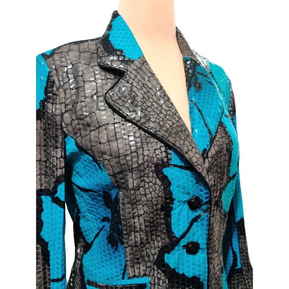 Womens L Blue Blazer Snake Floral Print Bold Chic Glam Statement Jacket Peplum - Picture 15 of 16